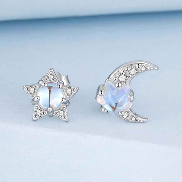 Celestial Moon & Star 925 Sterling Silver Stud Earrings