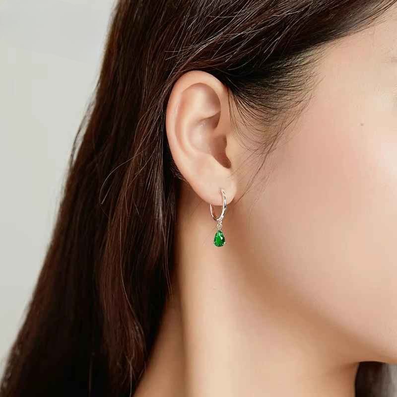 Emerald Green Teardrop Hoop Earrings – 925 Sterling Silver