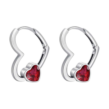 Heart Hoop Earrings with Ruby Red Zirconia – 925 Sterling Silver