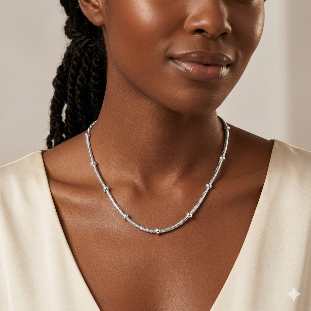 Minimalist Beaded Chain Necklace in 925 Sterling Silver