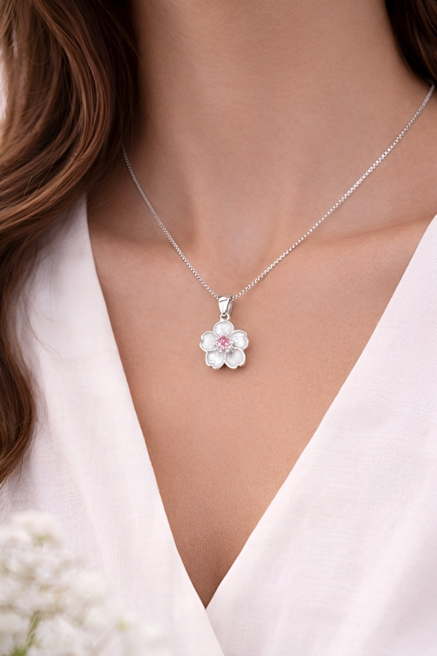 925 Sterling Silver Pink Blossom Pendant Necklace