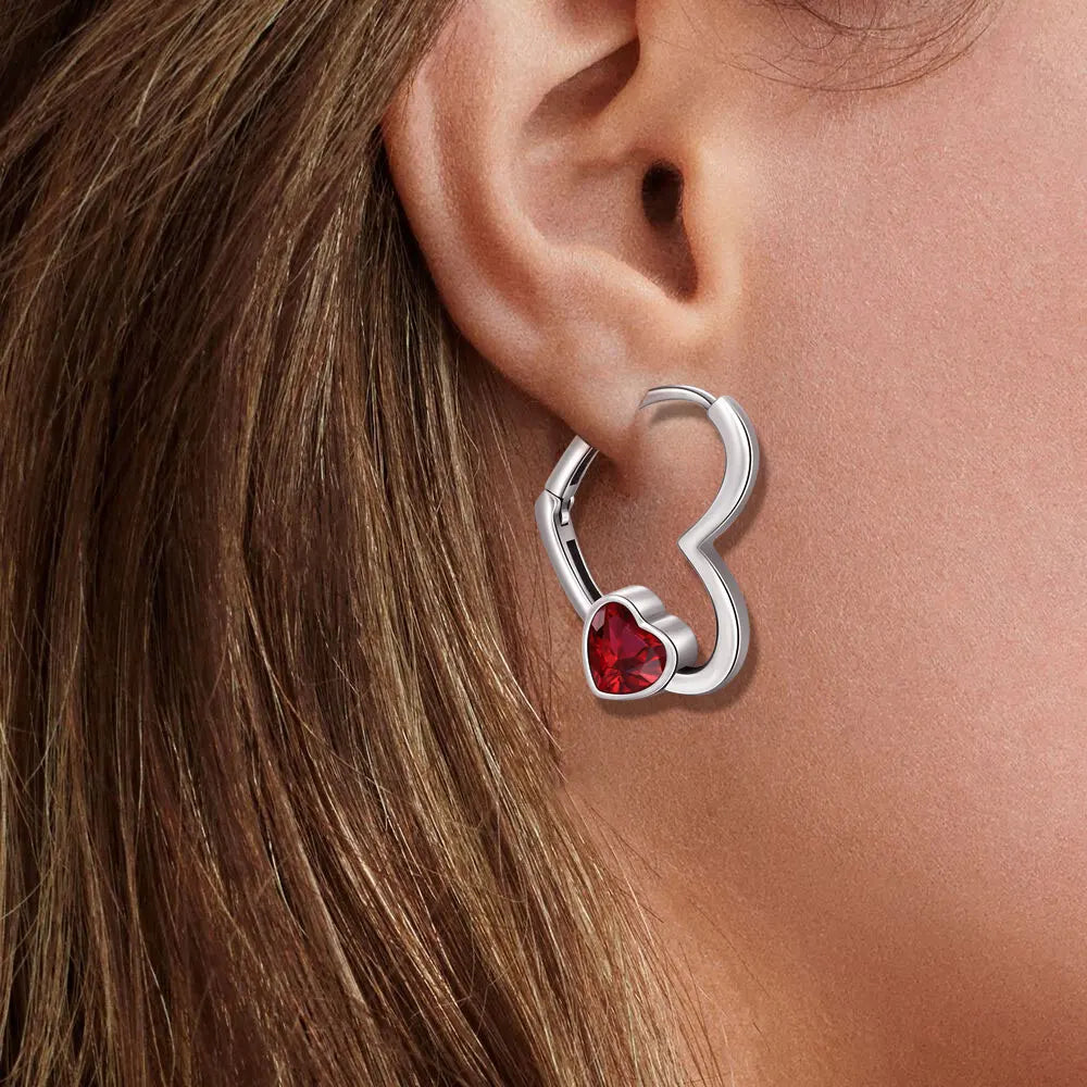 Heart Hoop Earrings with Ruby Red Zirconia – 925 Sterling Silver