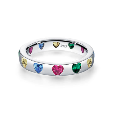 925 Sterling Silver Colorful Heart Band Ring