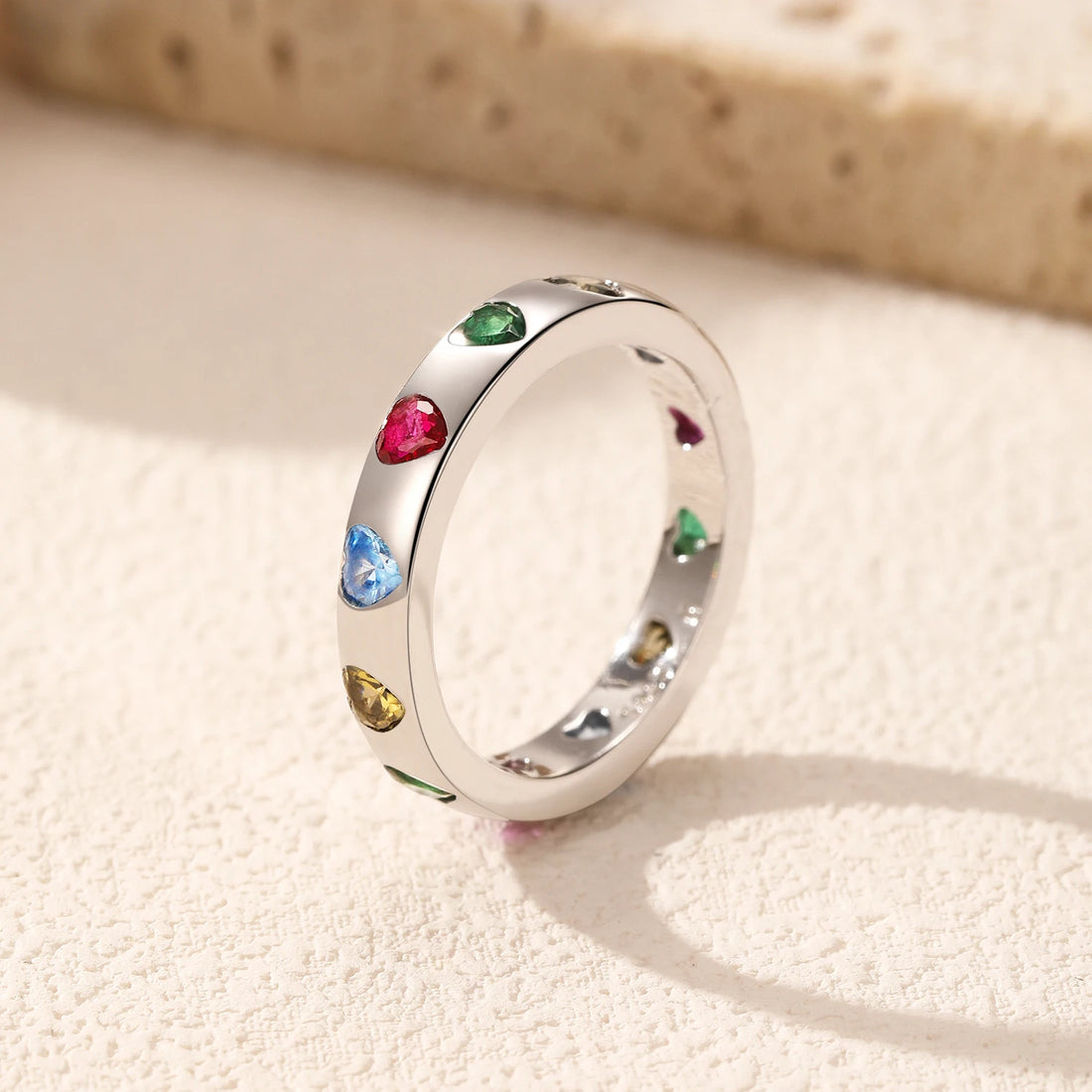 925 Sterling Silver Colorful Heart Band Ring